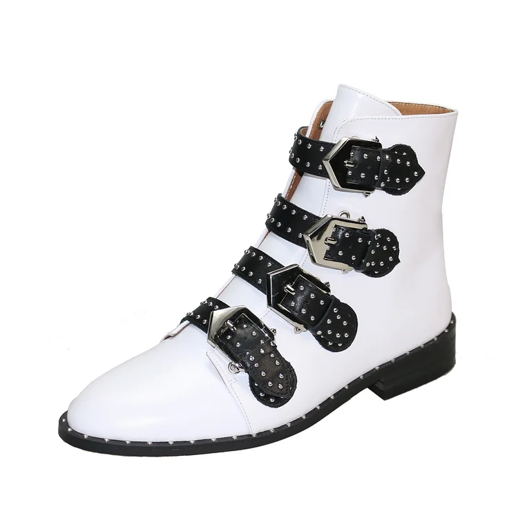 Black Cowhide Studded Buckles Round Toe Motorcycle Boots  Stunahome.com