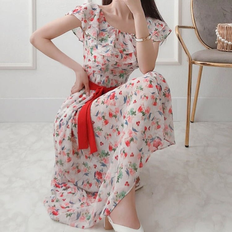 Summer French Style Off-shoulder Floral Dress Women's Waist-tight Slimming Lace-up Long