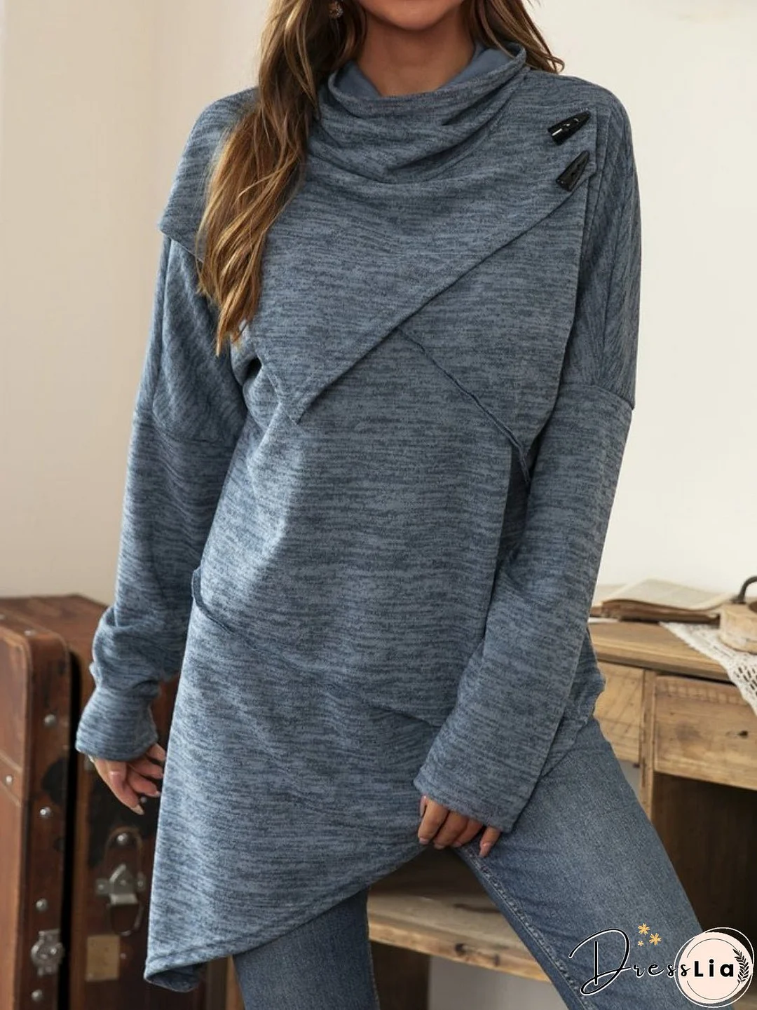 Asymmetrical Hem Cowl Neck Long Sleeve T-Shirt