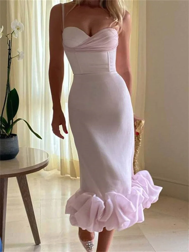 Elegant Women Cocktail Dress Sleeveless Strap Low Cut V-neck Party Dress  Slim Summer Ruched Ruffles Hem Vestidos
