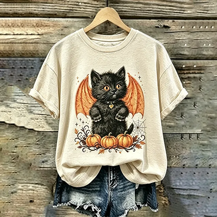 Women's Halloween Kitty Pumpkin Short Sleeve Top