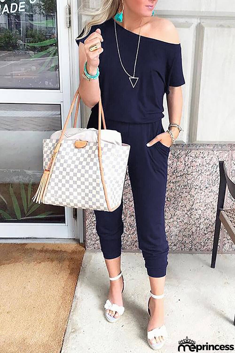 Women's Loose Fit Off Shoulder Jumpsuit Rompers with Pockets