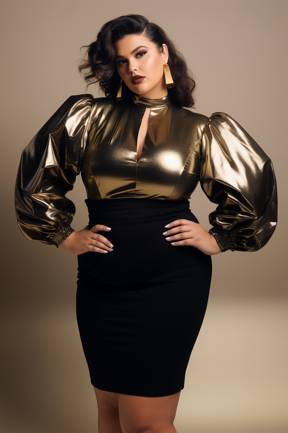 Design Plus Size Semi Formal Skirt Sets Elegant Gold Spring Summer Mock Neck Puff Sleeve Long Sleeve Metallic Two Piece Skirt Sets [Pre-Order]