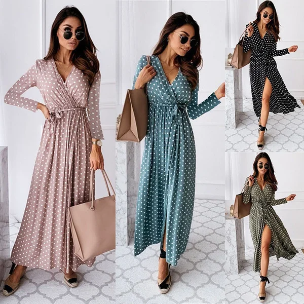 Women Fashion V Neck Long Sleeves Lace Up Split Polka Dot Print Long Dress Holiday Beach Boho Dress Maxi Dresses