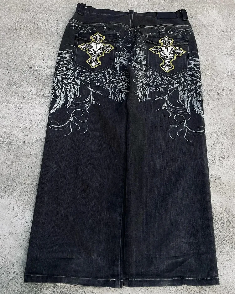 Skull Cross Print Wide Pants