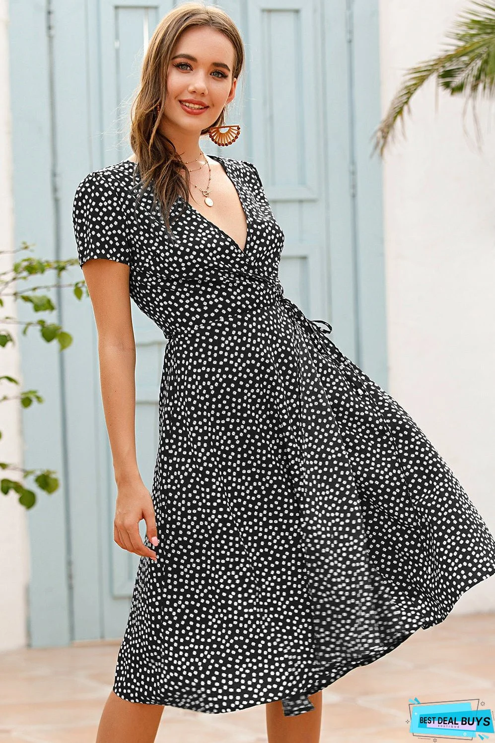 Perfee Tied Printed Short Sleeve Dress