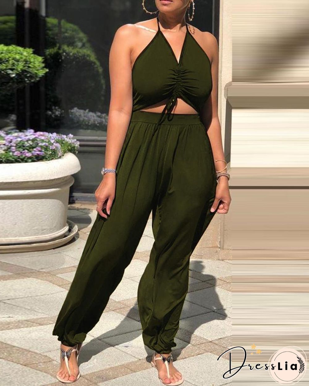Halter Cutout Plain Drawstring Jumpsuit