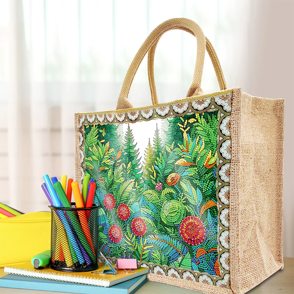 Linen Green Garden Diamond Art Large Capacity Handbag Birthday Gift for Friends