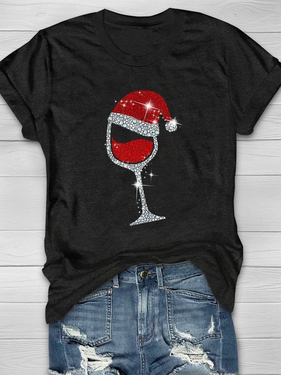 Wine Glass Hot Drilling Christmas Print Short Sleeve T-shirt