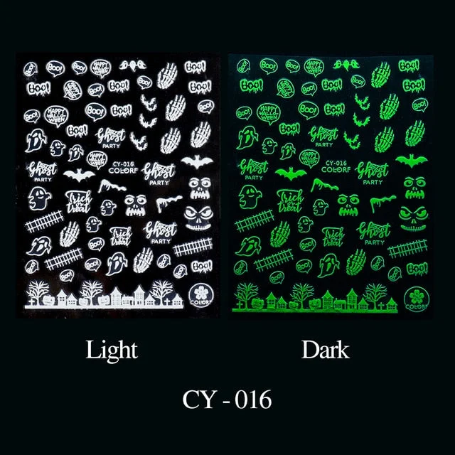 Nail Stickers Back Glue Fluorescent Light Halloween Pumpkin Little Ghost Designs Nail Decal Decoration Tips For Beauty Salons-Nail Inspo