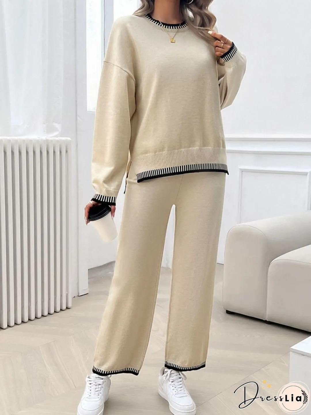 Round Neck Dropped Shoulder Top and Pants Sweater Set