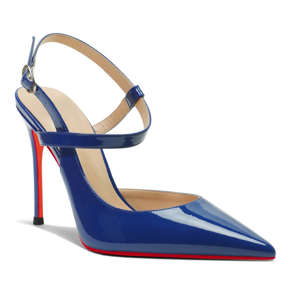 100mm Women Slingback Pumps Ankle Strap Jenlove Stiletto Mid Heel Close Pointed Toe Dress Red Bottoms Shoes-MERUMOTE