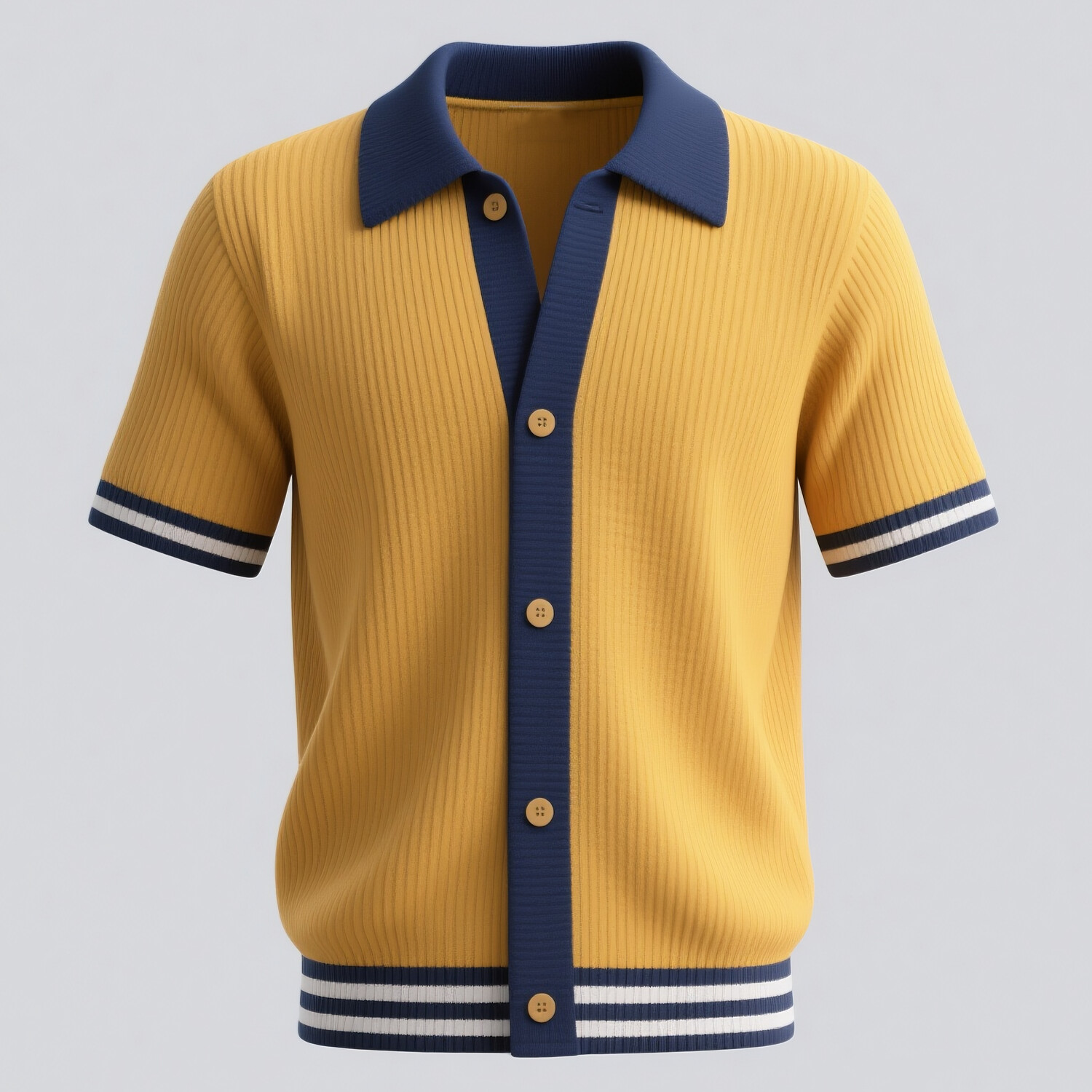 Men's Ribbed Knit Colorblock Striped Button Short Sleeve Shirt