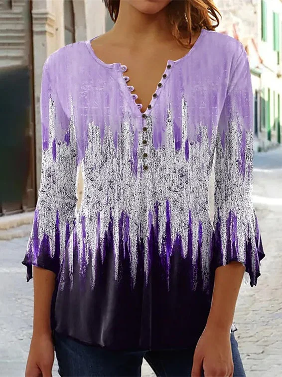 Women's Button Gradient V-Neck 3/4 Sleeve Top