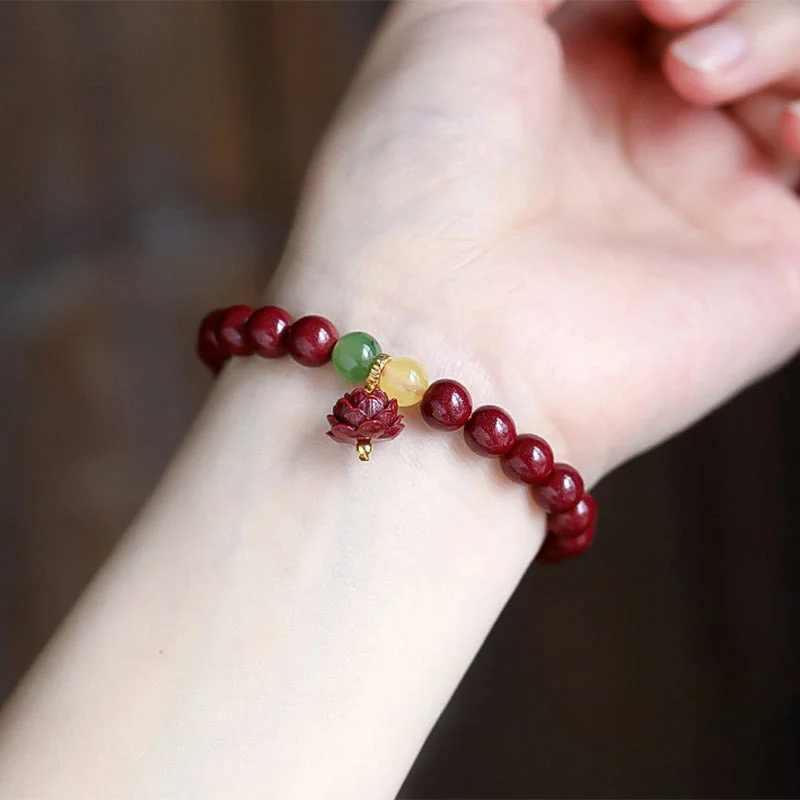 Natural Cinnabar Lotus Luck Blessing Charm Bracelet