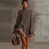 Women's High Quality Elegant High Neck Ruffled Patchwork Long Sleeve Knitted Sweater Dress