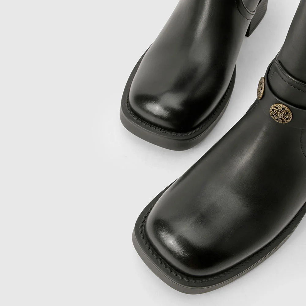 Black Square Toe Studded Block Heel Mid Calf Boots for Women