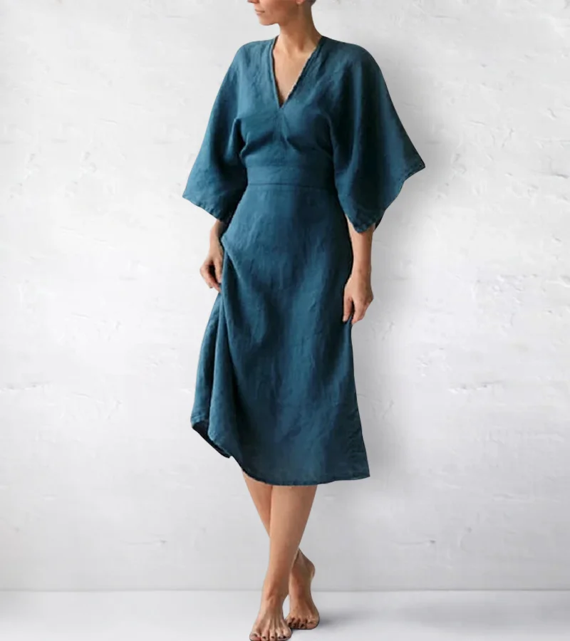 Elegant Ink Blue Linen Dress