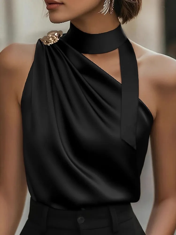 Solid Color Loose Sleeveless Asymmetric Collar Tank Top