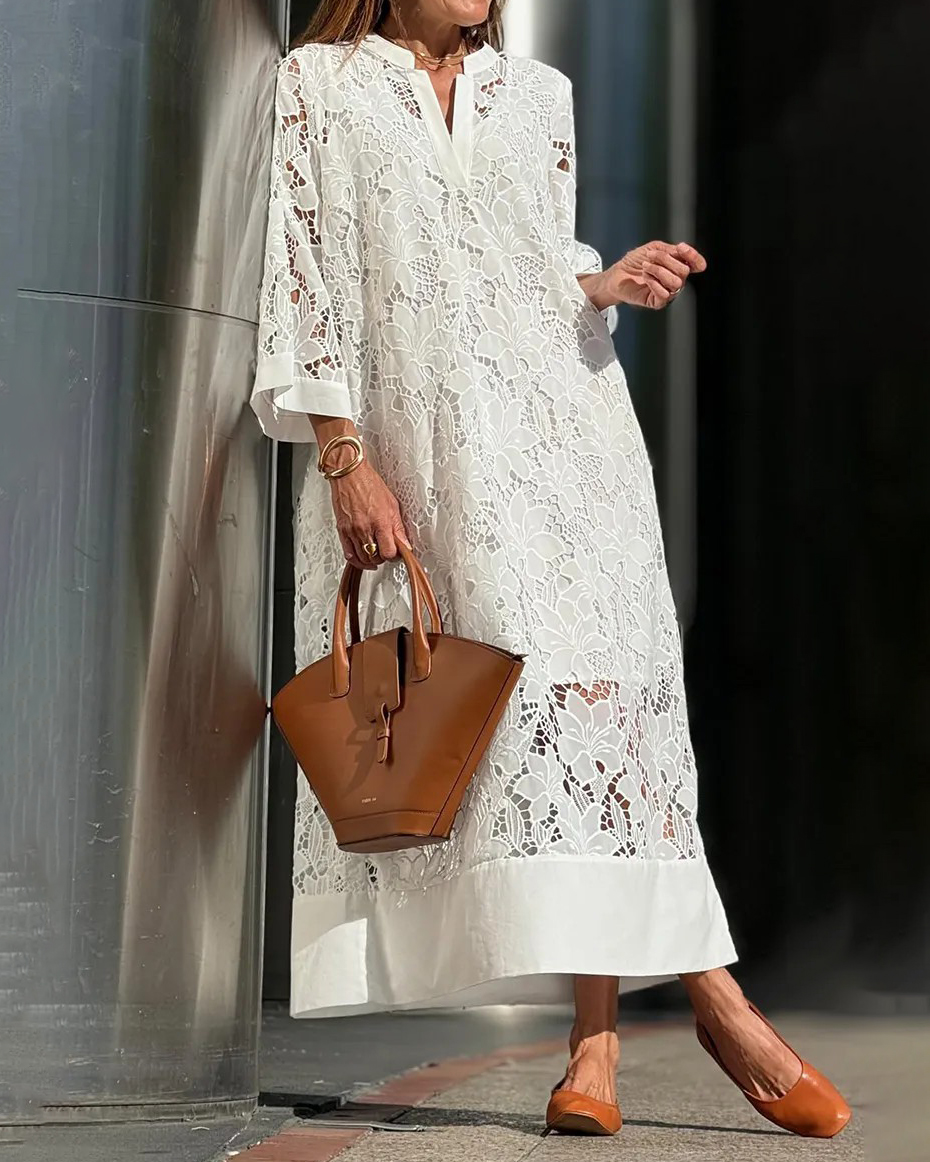Lace Pattern V Neck Three Quarter Sleeve Midi Dress