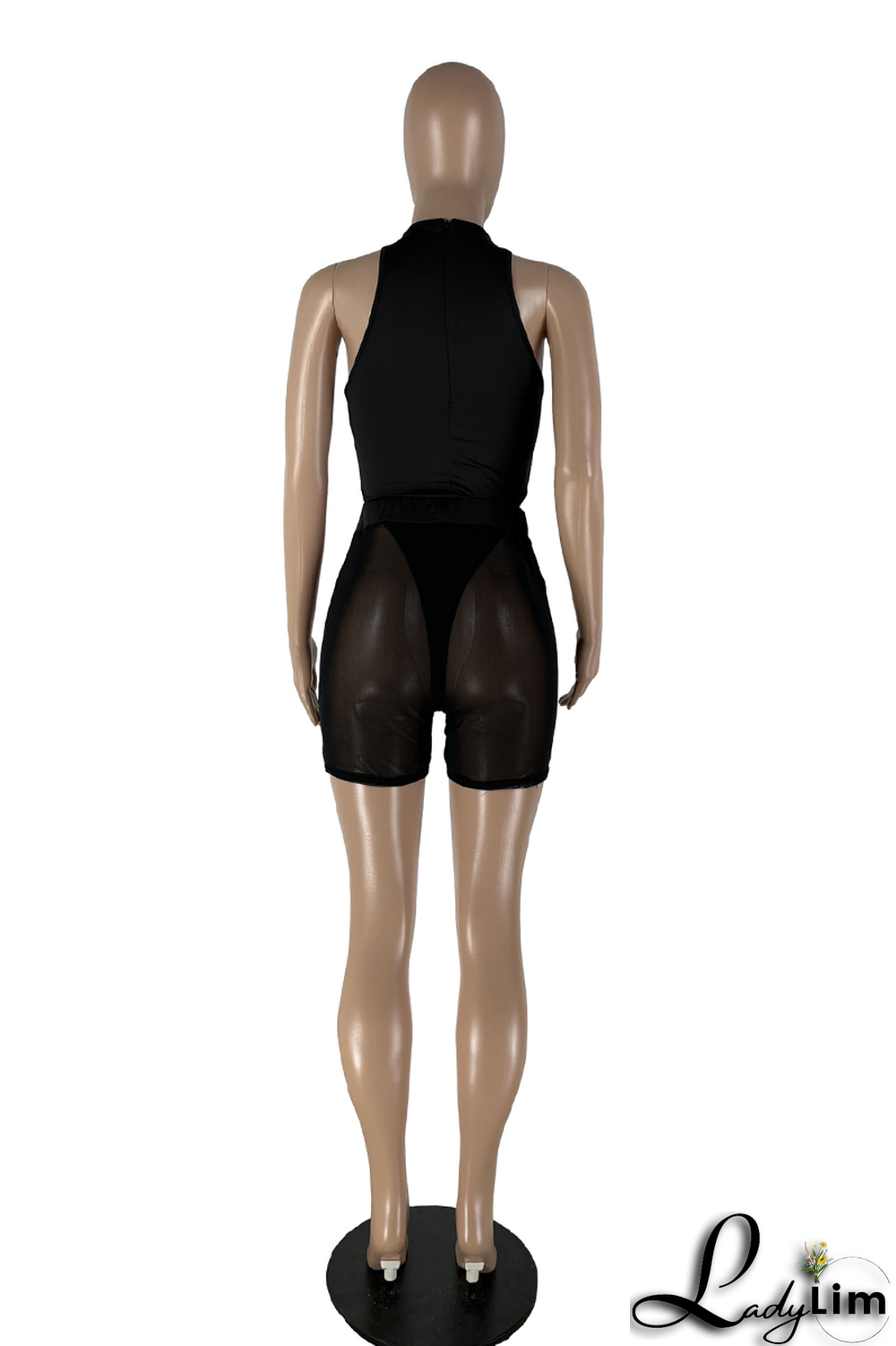 Black Sexy Solid Mesh Cold Shoulder Sleeveless Two Pieces