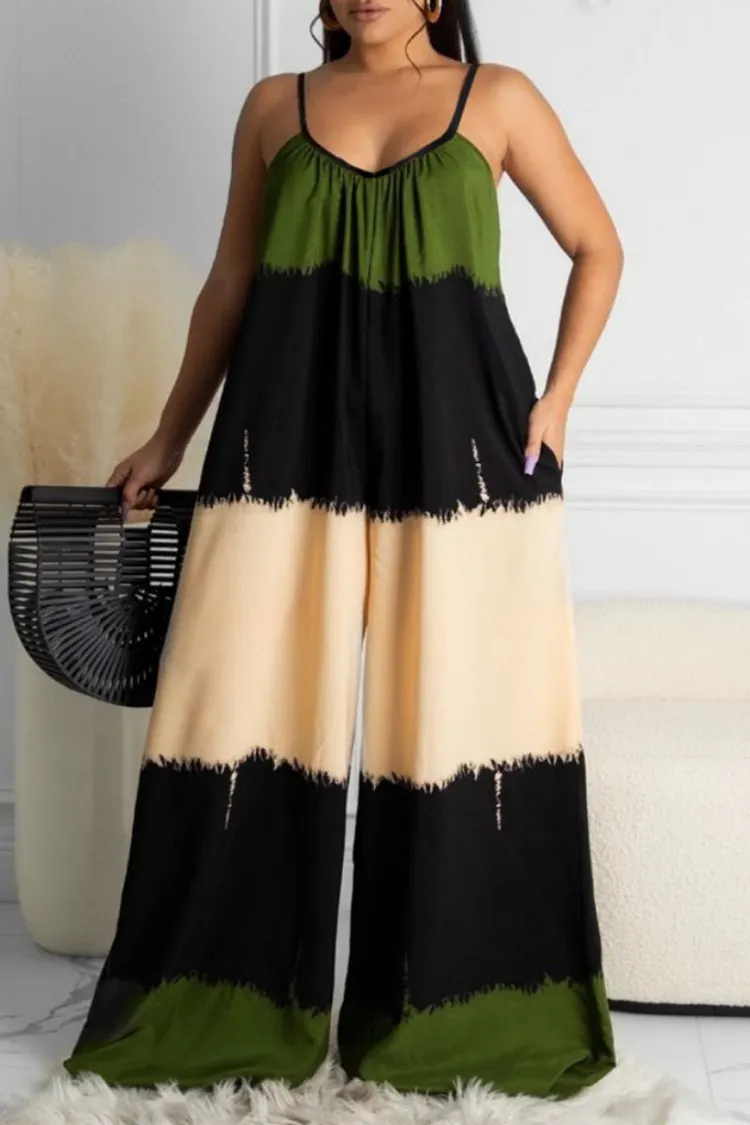 Sexy Casual Print Patchwork Backless Contrast Spaghetti Strap Regular Jumpsuits