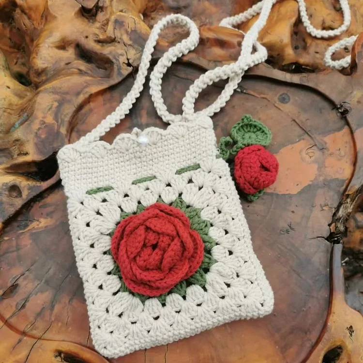 Lulusnow Handmade Beige Rose Phone Bag Gift For Her/Him/Kids/Christmas/Birthday/Easter Crochet Crossbody Bag
