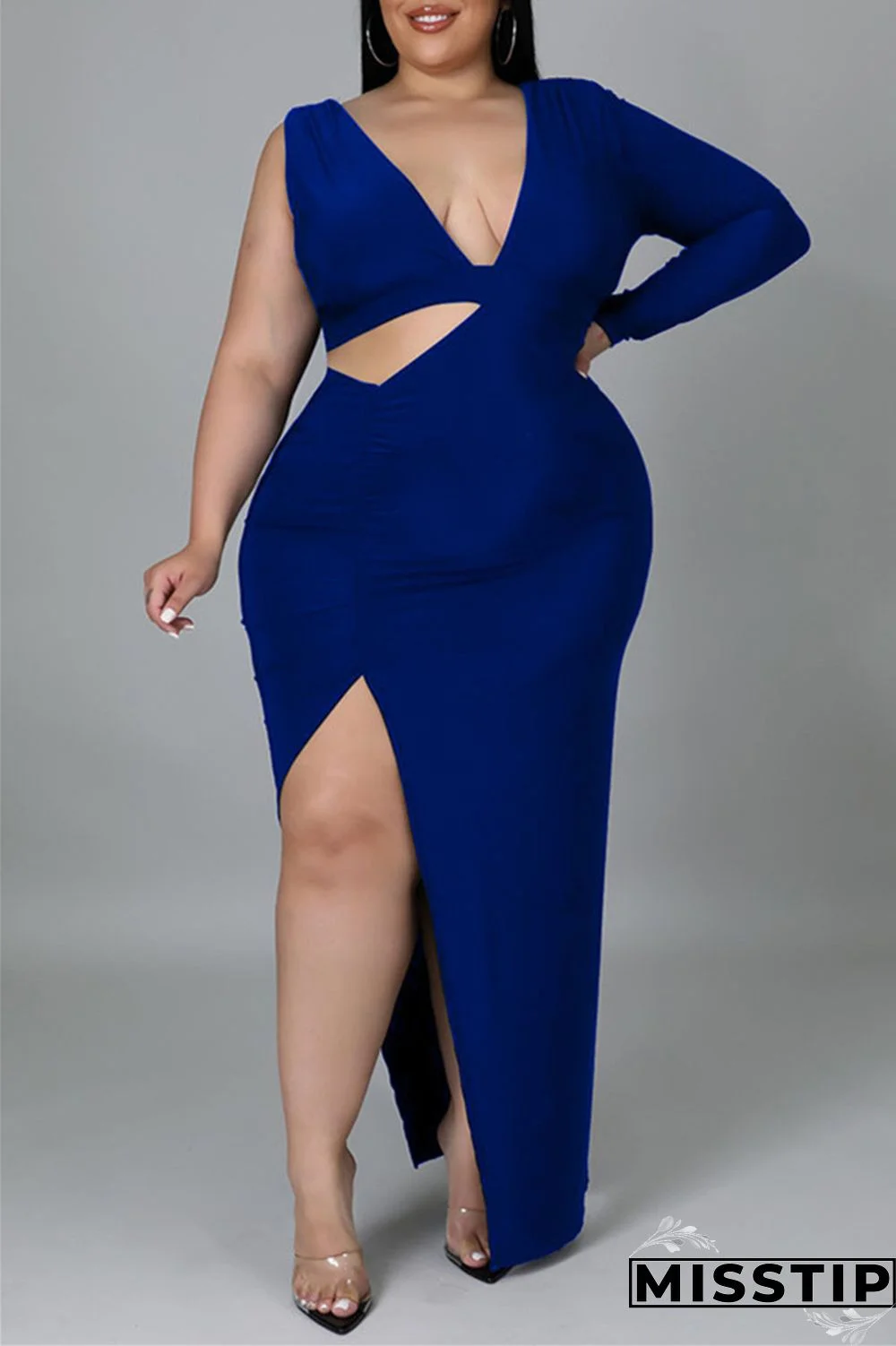 Black Fashion Casual Solid Hollowed Out Slit V Neck Long Sleeve Plus Size Dresses