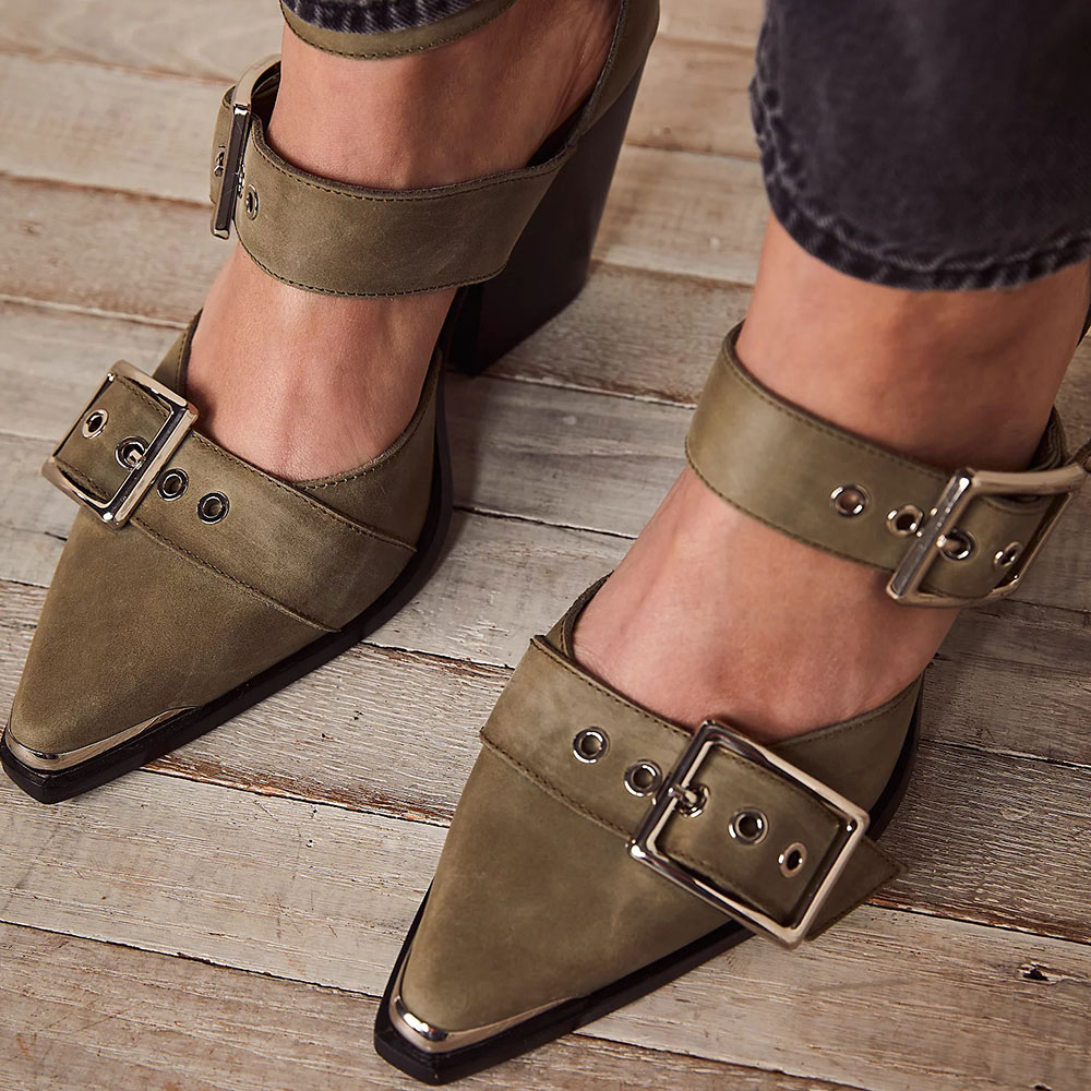 Women's Olive Pointed Toe Triple Strap Block Heel Pumps with Buckles Nicepairs