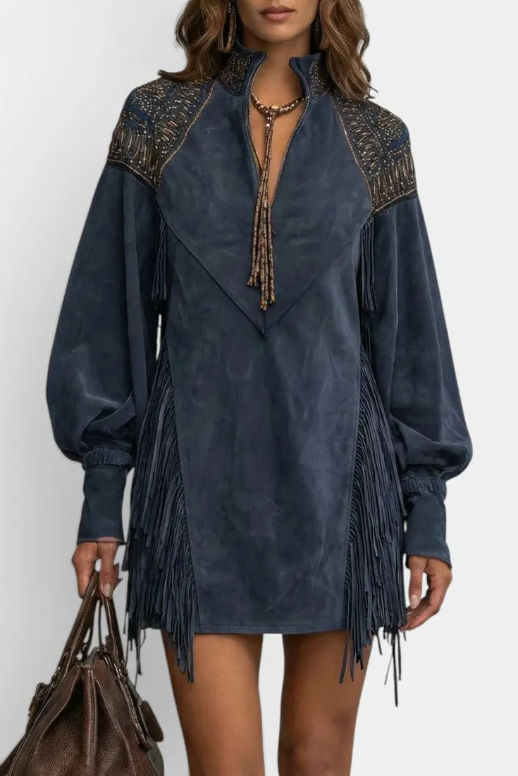 Fringed Mock Neck Dress with Puff Sleeves