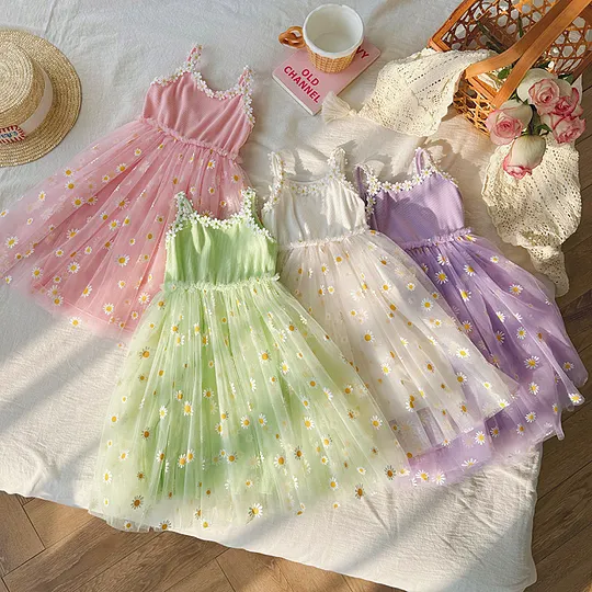 【18M-7Y】Girls' Daisy Flower Tulle Camisole Dress