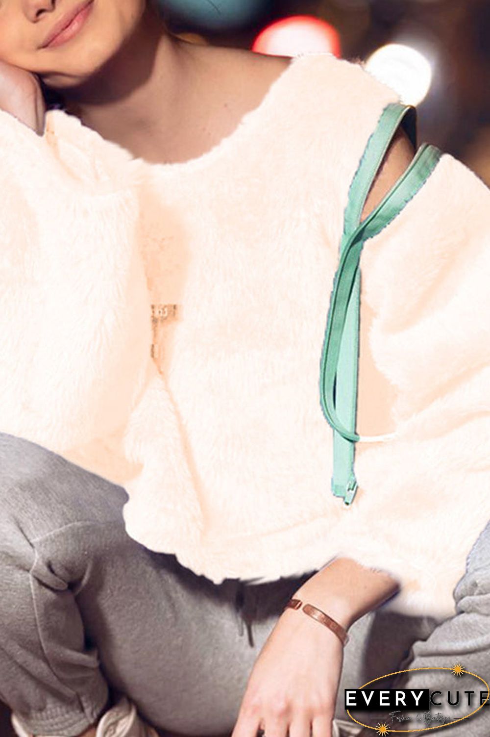 Solid Zipper Puffy Cropped Sweatshirt