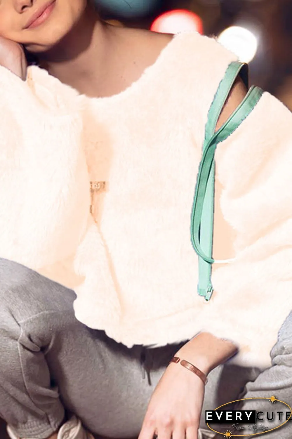 Solid Zipper Puffy Cropped Sweatshirt