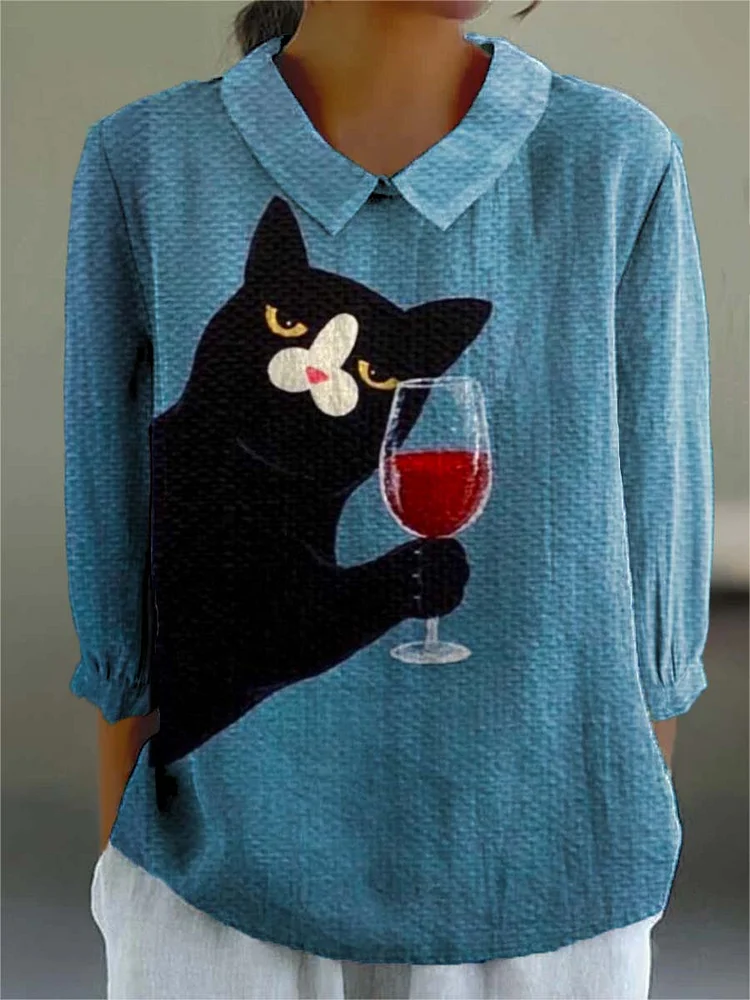 Women's Lovely Cat Art Print Casual Cotton And Linen 3/4 Sleeve Shirt