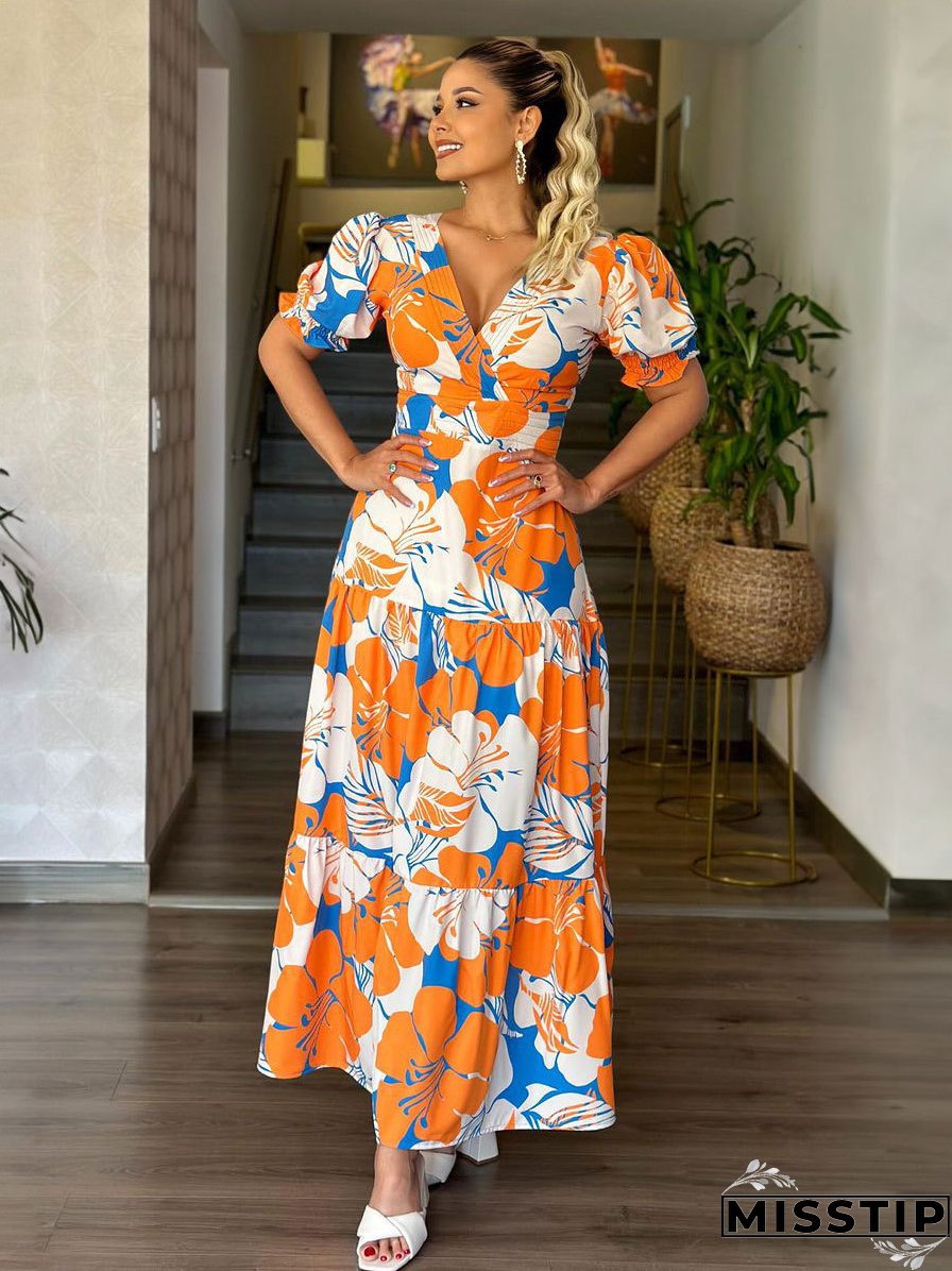 Women Elegant Printed V-Neck Puff Sleeve Patchwork Maxi Dress