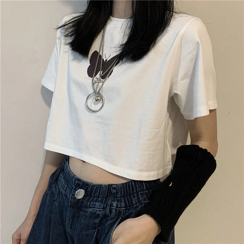 T-shirts Women Short Sleeve Reflective Butterfly Print Crop Tops Couple Brandy Streetwear Chic Casual Loose Fashion Vintage Tees