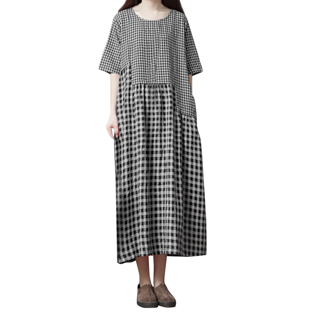 Women Cotton Linen Plaid Dress O-neck Short-sleeve Loose Plus Size Dress