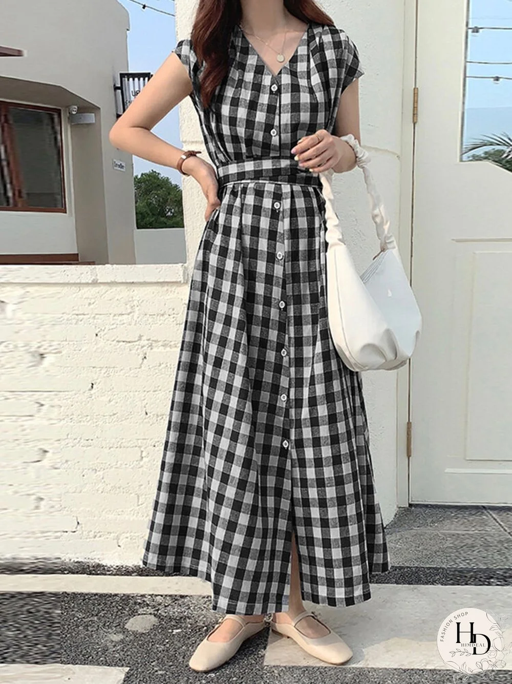 Check Print Button V-neck Short Sleeve Belt Maxi Dress