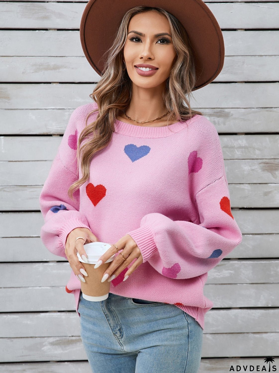 Heart-shaped, long-sleeved crew neck sweater