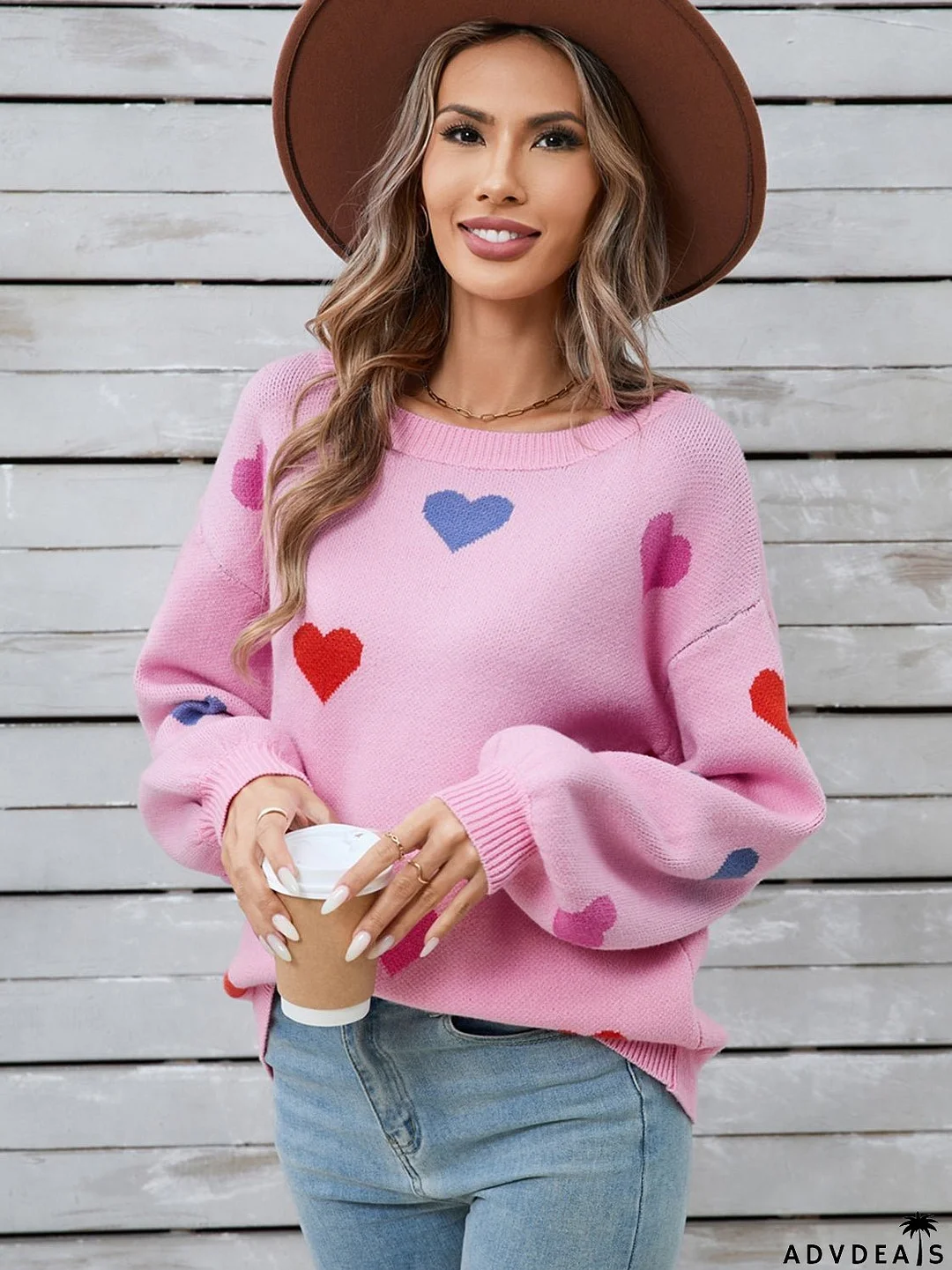Heart-shaped, long-sleeved crew neck sweater