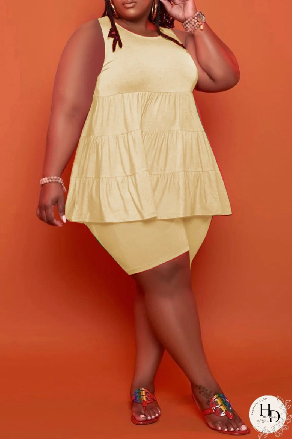 Yellow Fashion Casual Solid Basic O Neck Plus Size Two Pieces