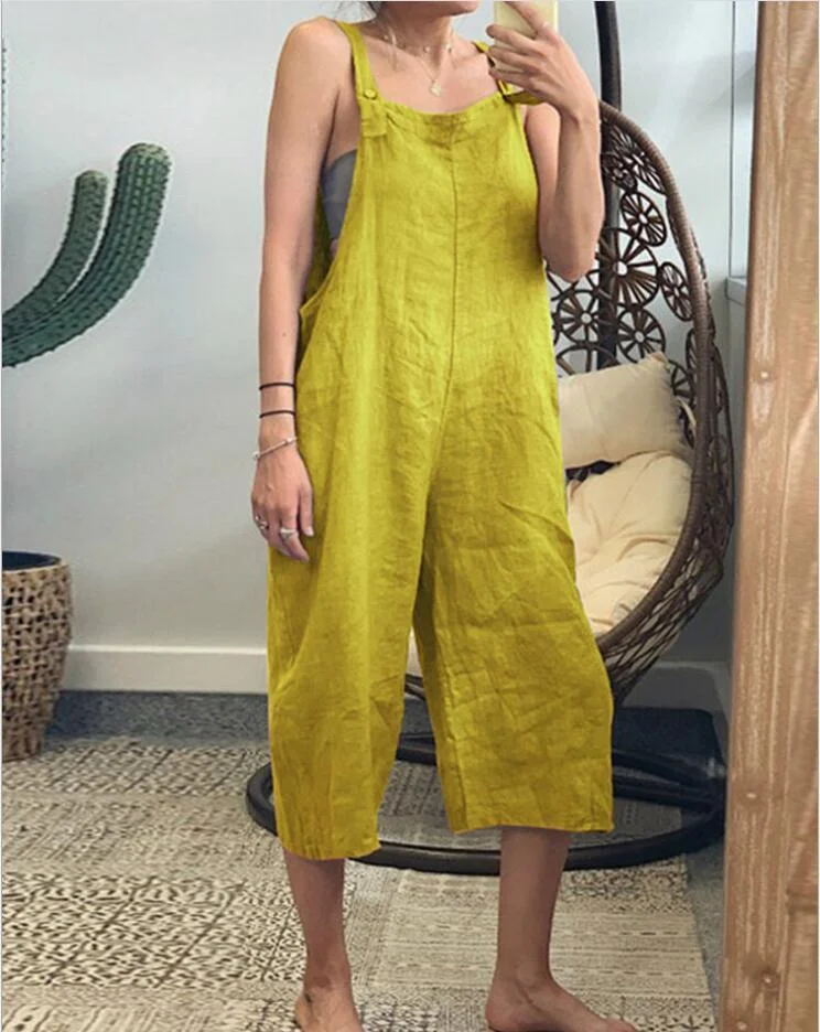 Solid color cotton cropped loose casual suspenders jumpsuit