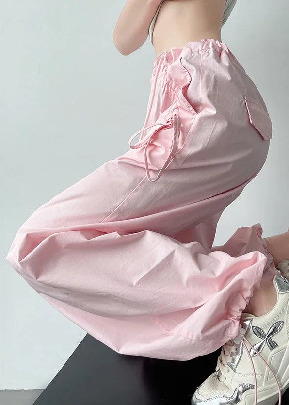 Casual Pink Pockets Drawstring High Waist Cotton Pants Spring
