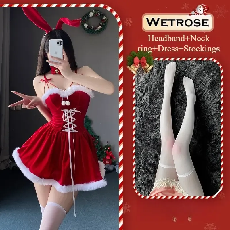 [Wetrose] In Stock Red Velvet Christmas Bunny Dress Fur Trim Santa Outfit Holiday Party Cosplay Costume Xmas 