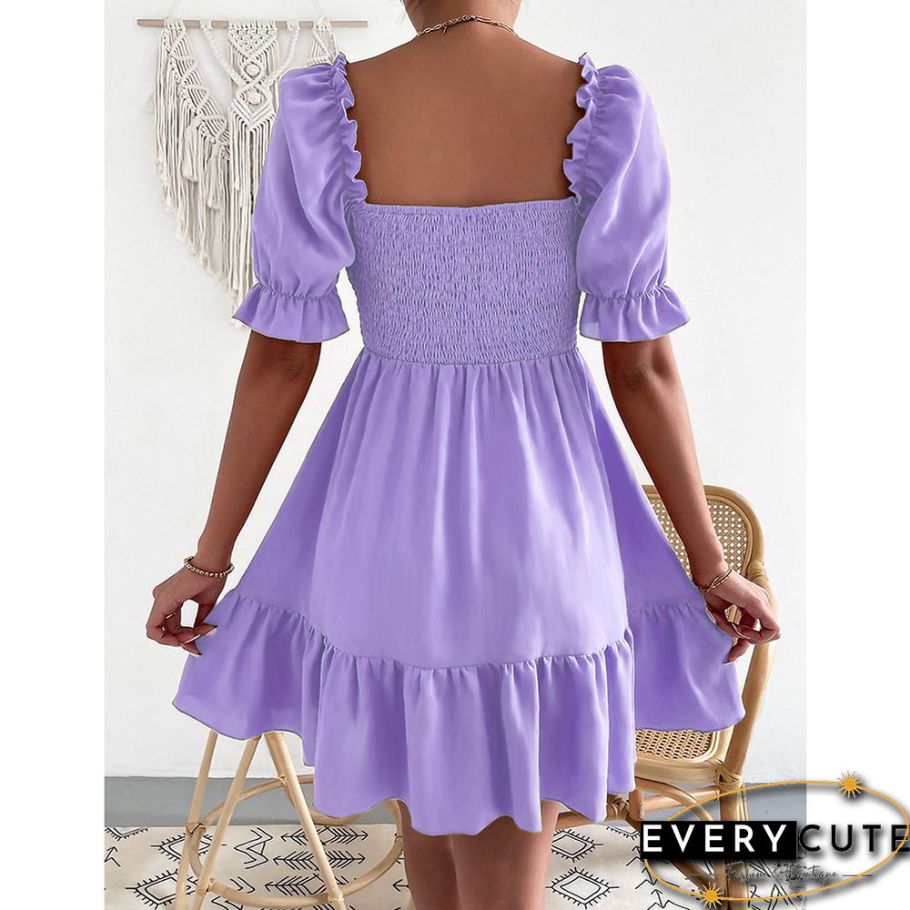 Light Purple Square Neck Short Sleeve Ruffle Mini Dresses