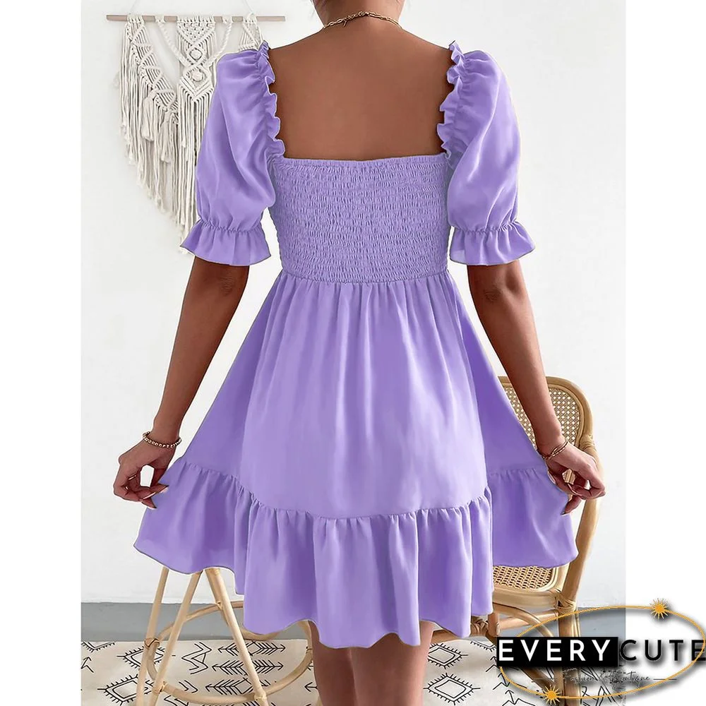 Light Purple Square Neck Short Sleeve Ruffle Mini Dresses