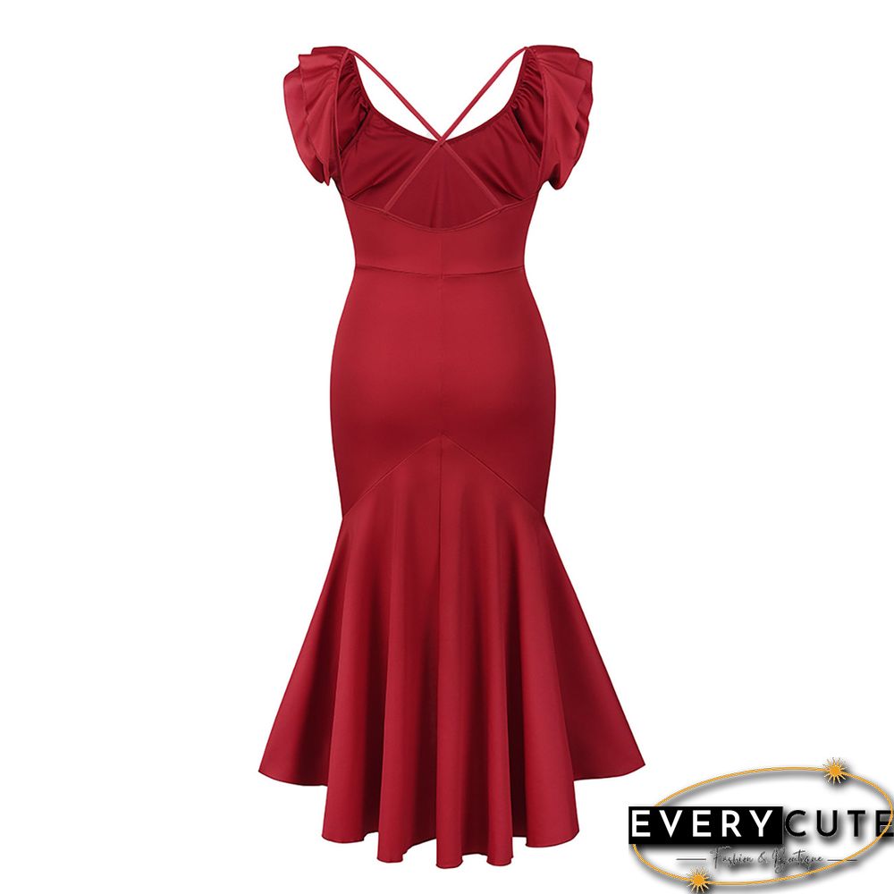 Red Mermaid Hem Ruffle Sleeveless High Low Evening Dress