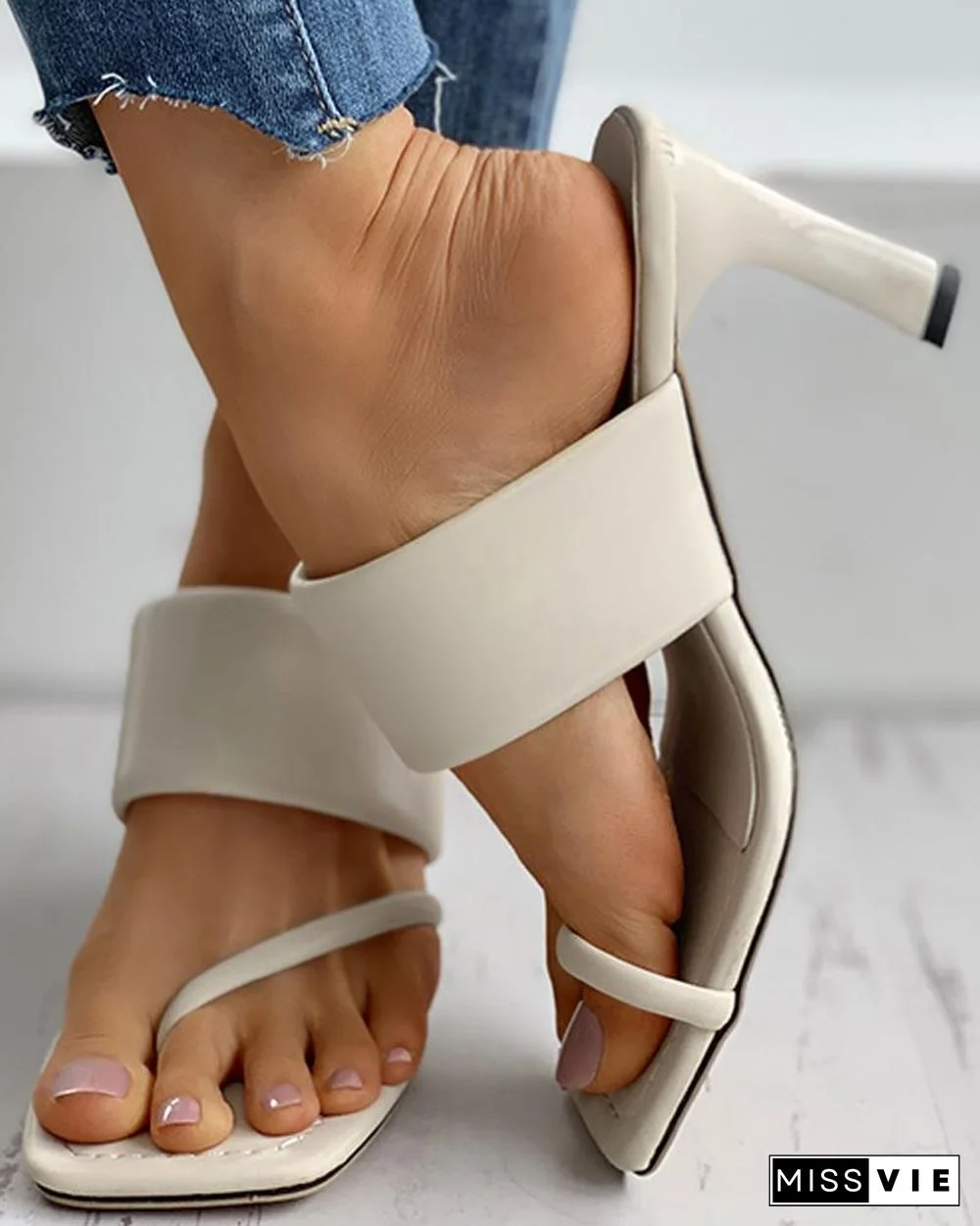 Square Toe Post Heel Mule Sandals