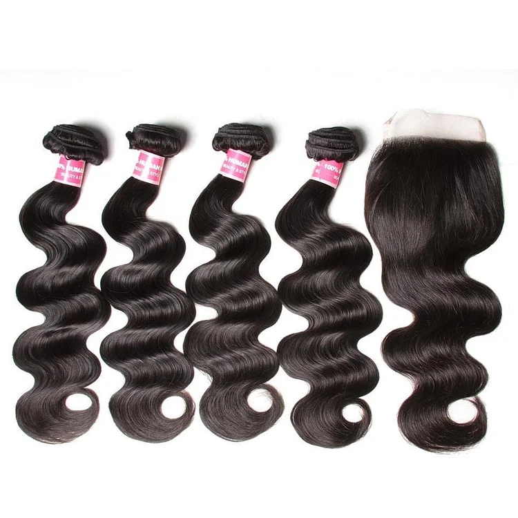 Peruvian Virgin Body Wave 4 Pcs with Lace Closure, 7a Grade Virgin Human Hair Weave Extensions