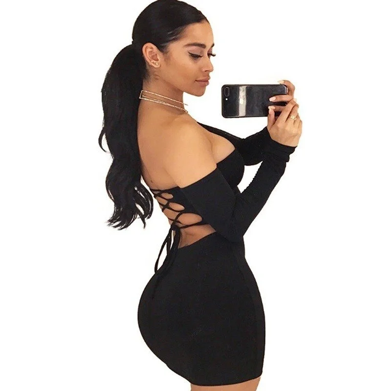 Slash Neck Women Dress Solid Skinny Mini Slimming Dress Summer Long Sleeves Backless Female Vestidos